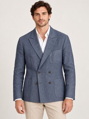 Paul Smith Blue Linen Cotton Double-Breasted Blazer 40 US / 50 EU OBO